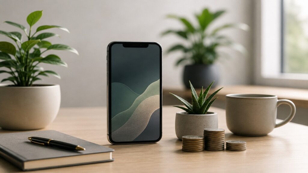 Modern investment apps concept displayed in a clean and minimalist workspace, featuring a smartphone as the central element surrounded by neatly arranged coins, a notebook with a pen, a coffee mug, and indoor plants. The soft natural lighting and uncluttered composition emphasize accessibility, convenience, and digital innovation, illustrating how mobile technology is transforming investments by enabling users to manage portfolios, monitor financial goals, and access investment opportunities directly from their devices.