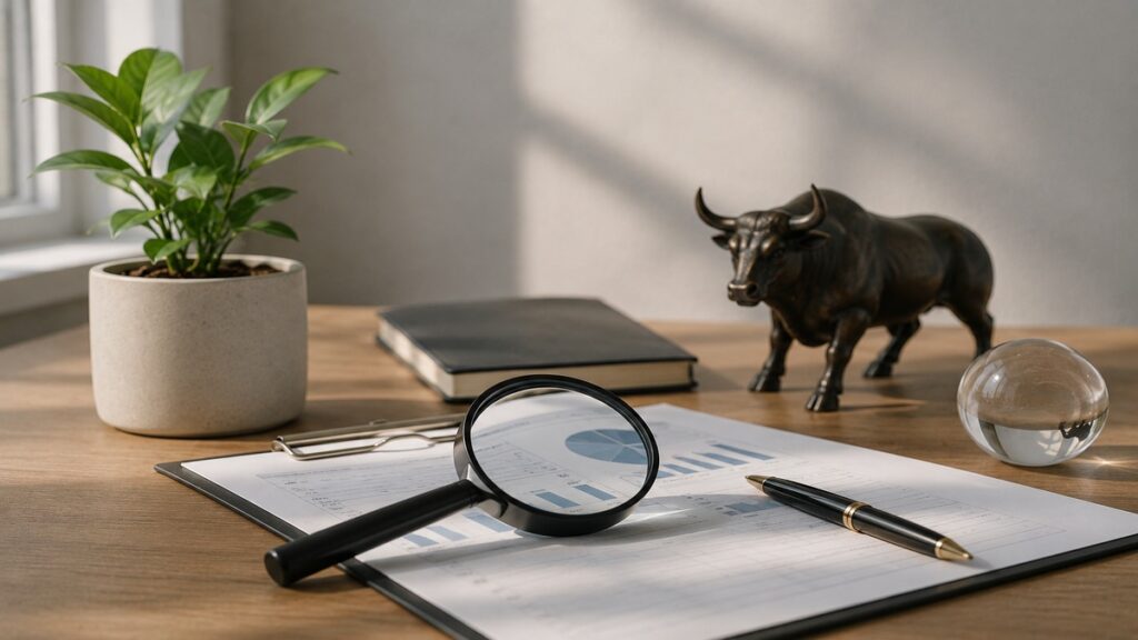 Minimalist stock analysis and investments concept displayed on a clean wooden desk, featuring a magnifying glass positioned over financial documents, a premium pen, a notebook, a decorative bull figurine symbolizing stock markets, and a glass sphere representing long-term perspective. Soft natural lighting, balanced composition, and uncluttered surroundings convey the process of evaluating stocks, researching opportunities, assessing business quality, and identifying high-return investments through careful analysis and informed decision-making.