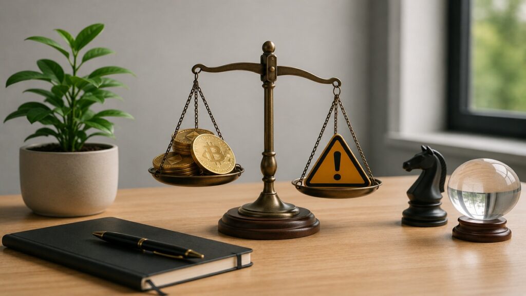 Minimalist cryptocurrency investments concept displayed on a clean wooden desk, featuring a balance scale weighing digital currency coins against a caution symbol to represent the relationship between risk and reward. A notebook and pen suggest research and strategic planning, while a chess knight symbolizes calculated decision-making and a crystal sphere reflects uncertainty and future potential. Soft natural lighting, balanced composition, and uncluttered surroundings illustrate the opportunities and challenges of cryptocurrency investments, emphasizing volatility, risk management, and long-term investment evaluation.