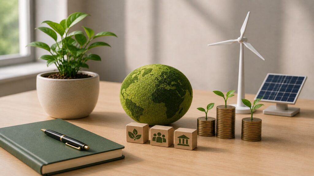 Minimalist ESG investments concept displayed in a bright and modern workspace, featuring a green globe symbolizing environmental responsibility, renewable energy elements such as a wind turbine and solar panel, growing plants emerging from coin stacks, and wooden blocks representing environmental, social, and governance principles. The clean composition, soft natural lighting, and sustainable visual elements illustrate the growing adoption of ESG investments, highlighting the integration of financial performance, corporate responsibility, long-term value creation, and sustainable development in modern investment strategies.