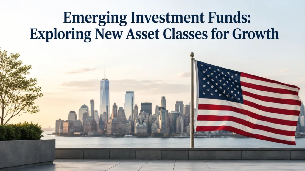 Minimalist and realistic investments-themed banner for the United States. At the top, the title “Emerging Investment Funds: Exploring New Asset Classes for Growth” appears prominently in dark blue serif typography. In the foreground, a sharply detailed American flag waves on a flagpole, while a modern urban skyline with recognizable skyscrapers rises across the waterfront in the background. Soft daylight and balanced contrast create a professional, clean atmosphere associated with investments, economic opportunity, and long-term growth. The composition is uncluttered, with ample negative space and high image clarity suitable for a financial article cover.