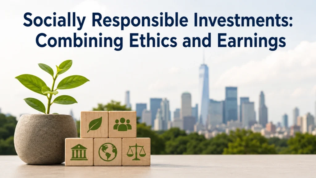 Realistic and minimalist banner about socially responsible investments. At the top of the image, the title “Socially Responsible Investments: Combining Ethics and Earnings” is prominently displayed. In the foreground, a small green plant in a stone pot sits beside wooden blocks featuring icons related to sustainability, community, finance, the planet, and ethical balance. In the background, a softly blurred urban skyline in the United States with modern skyscrapers and green spaces creates a professional and contemporary atmosphere. The composition conveys the concept of investments aligned with environmental, social, and governance (ESG) principles, combining ethics, corporate responsibility, and long-term financial returns.