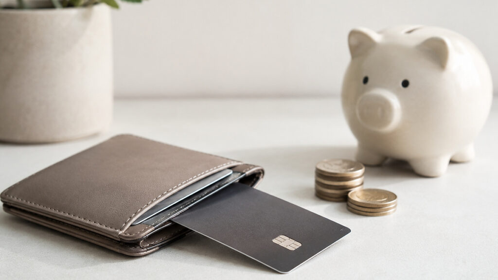 Open leather wallet on a light table, with an unbranded credit card partially pulled out, beside stacked coins and a white piggy bank, representing savings and the use of a no annual fee credit card.