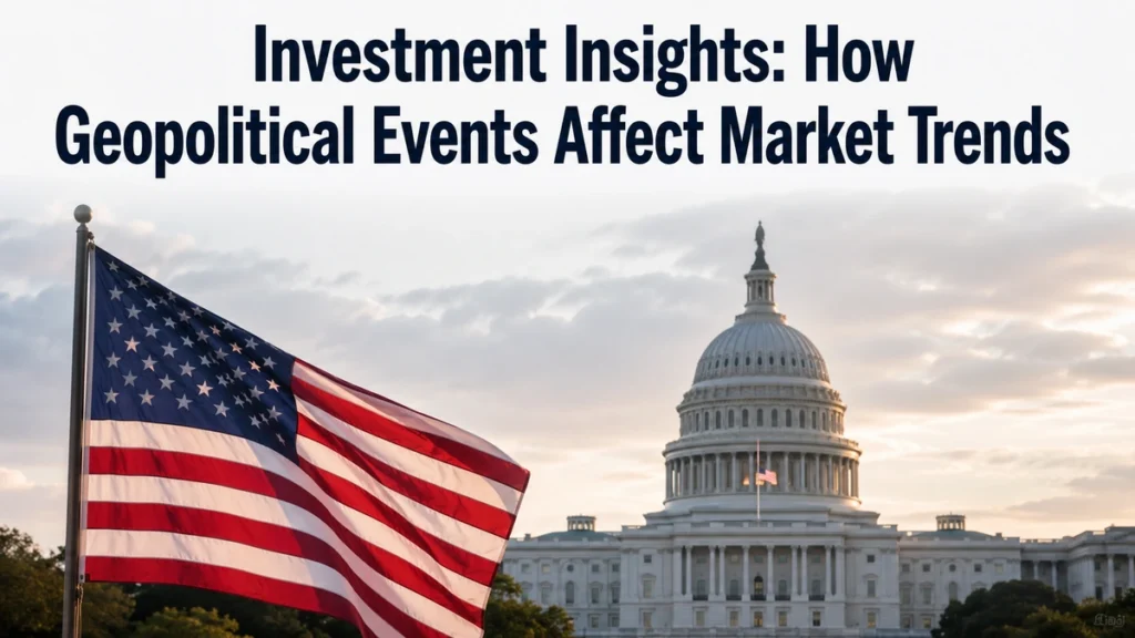 Editorial-style image about investments and market analysis in the United States. A large American flag waves prominently in the foreground while the U.S. Capitol building stands sharply defined in the background under a softly lit sky with light clouds. At the top of the image, the headline “Investment Insights: How Geopolitical Events Affect Market Trends” is displayed in bold, dark typography. The composition is clean, realistic, and minimalistic, conveying the relationship between geopolitical developments, government policy, and investments without using charts, graphs, or numerical data.